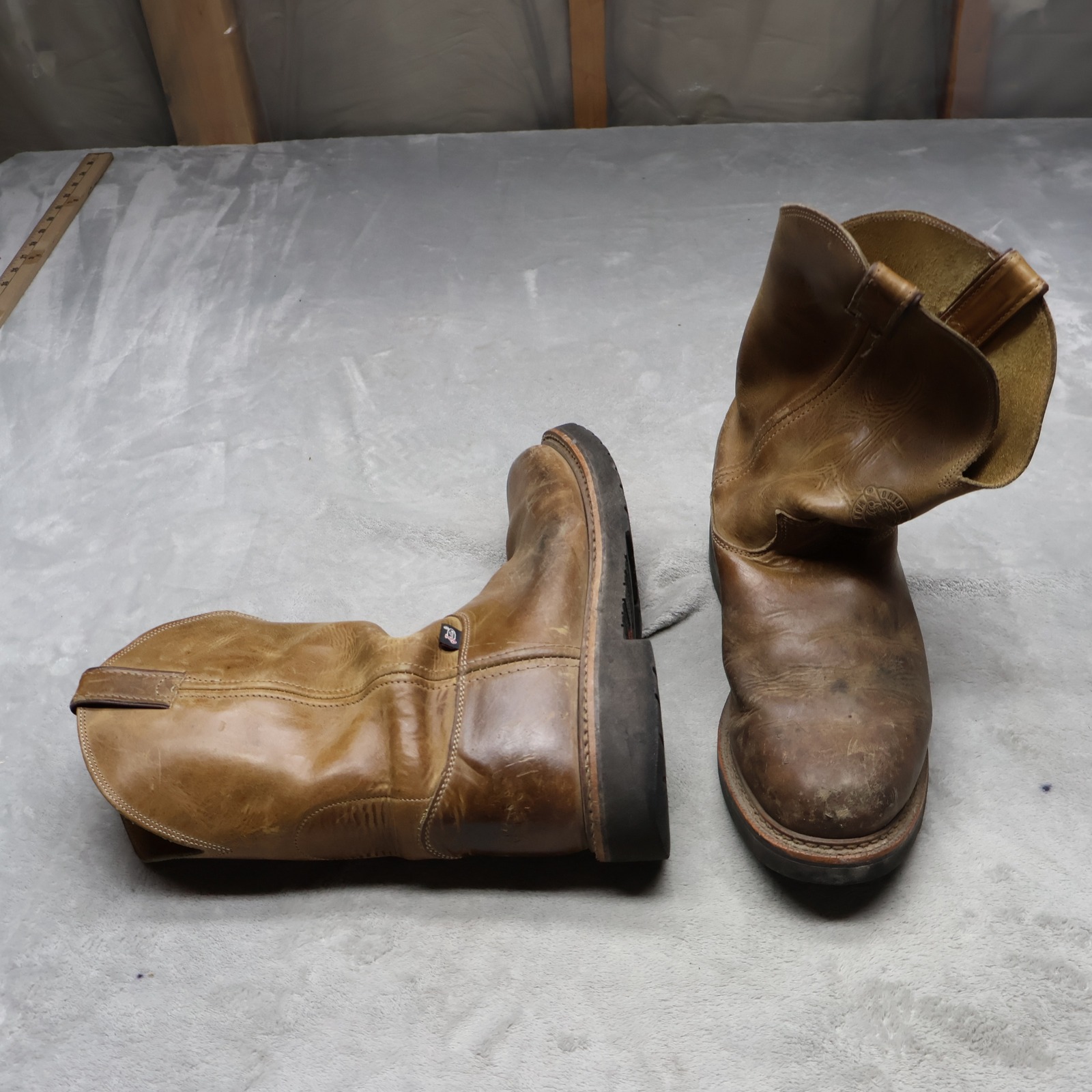Justin Mens 11 Ee Work Boots Brown Leather Blueprint 11" Western Pull On Rugged